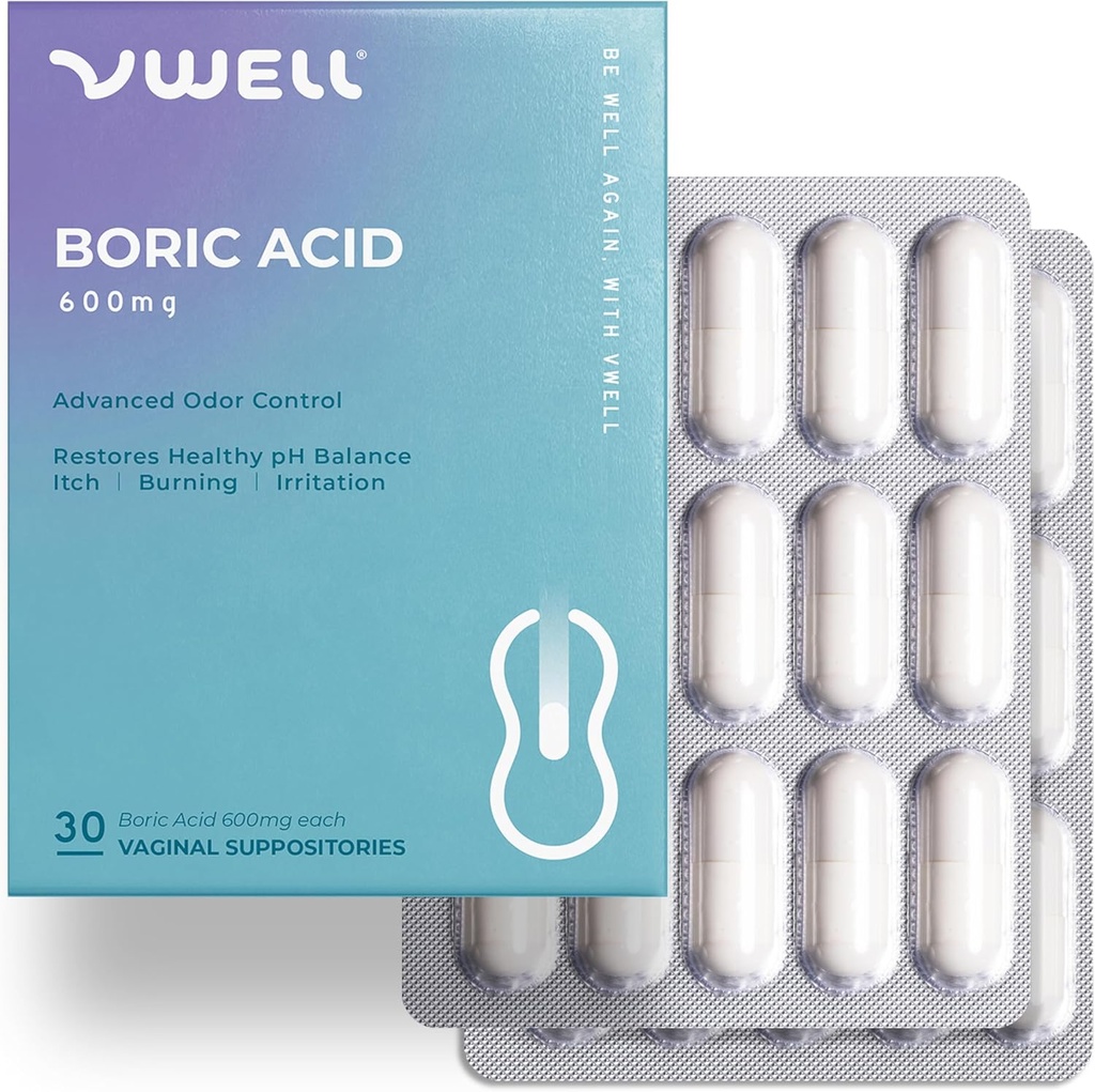 VWELL Boric Acid Vaginal Suppositories - Sağlıklı Vaginal pH & Microbiome Odor Itch Yan Irritation Intimacy - Doktorlar Önerilen (Bir Boyut, 30, Kont)
