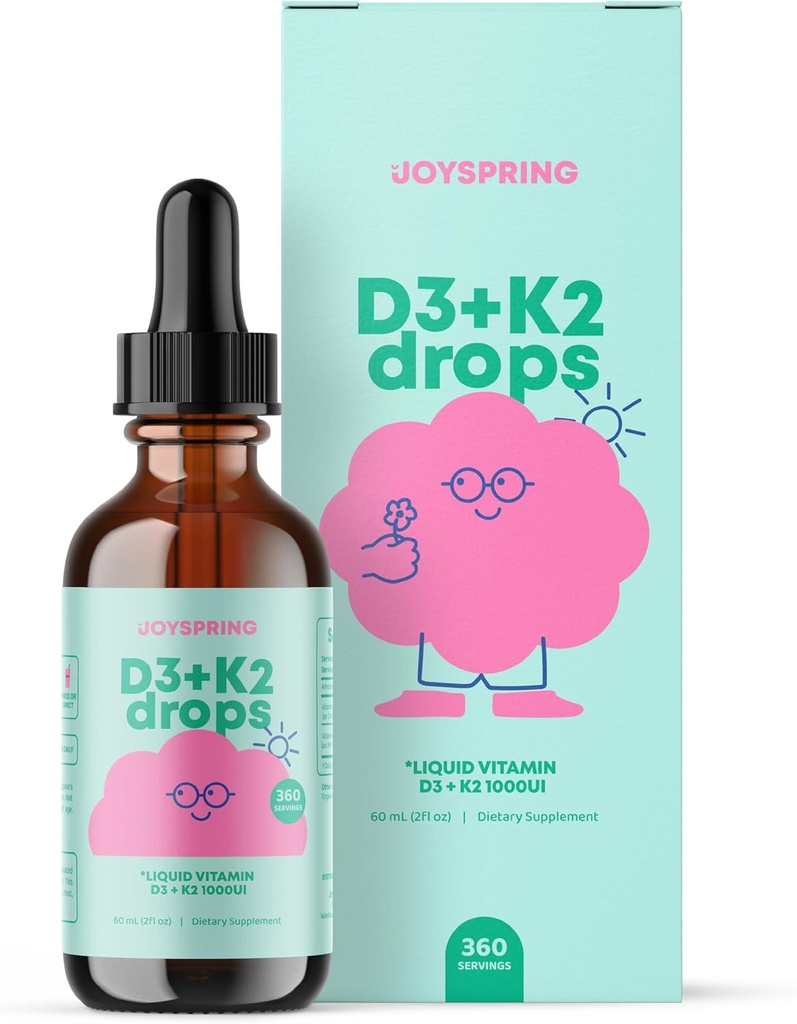 JoySpring Vitamin D3 Çocuklar K2 ile Geri Döndü - Kalsiyum Aborpsiyon ve Ortak Sağlık için Sıvı Tamam - 360 Servisler (2 fl oz) - Vitamin D Kids Ages 3-18