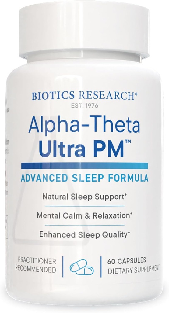 Biotics Araştırma Alpha Theta Ultra PM L Theanine, Passionflower, Lemon Balm, Supports GABA, Serotonin, Regulates Circadian Rhythms, 60 Capsules