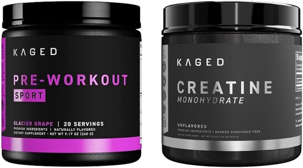 Kaged Pre Sport Pre Workout Toz Buzulları Kanpetine Monohidrat Mikronized Toz Paketi, Enerji & Kas Kurtarma Tamam Paketi, 20 Hizmet Pre-Workout + 100 Hizmetler Kretin