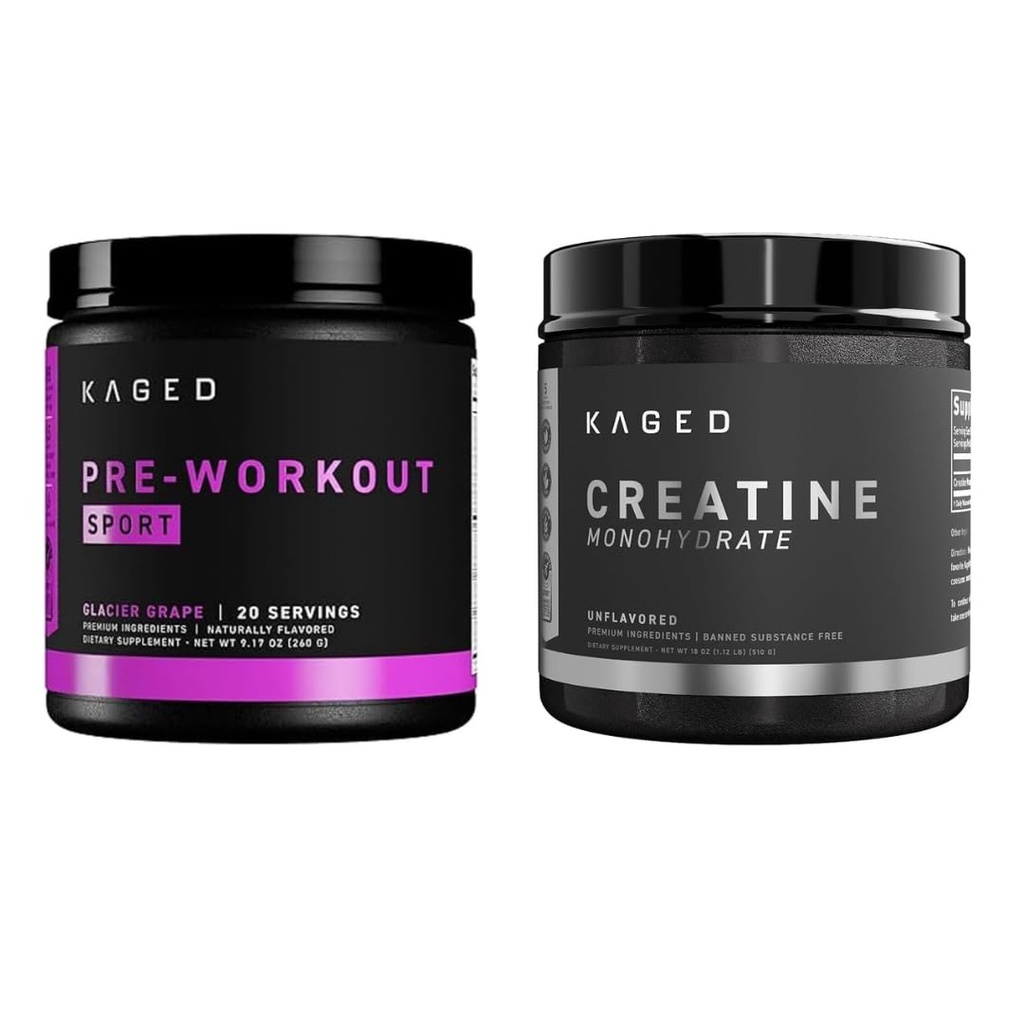 Kaged Pre Sport Pre Workout Toz Buzulları Kanpetine Monohidrat Mikronized Toz Paketi, Enerji & Kas Kurtarma Tamam Paketi, 20 Hizmet Pre-Workout + 100 Hizmetler Kretin
