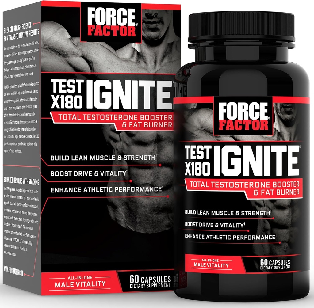 FORCE FACTOR Test X180, Fenugreek Tohum ve Yeşil Çay Ekle ile Erkekler için toplam testosteron ATM'si Lean Muscle, Boost Energy'yi kurmak ve Performansı Geliştirmek, 60 Kont Count Count Count Count