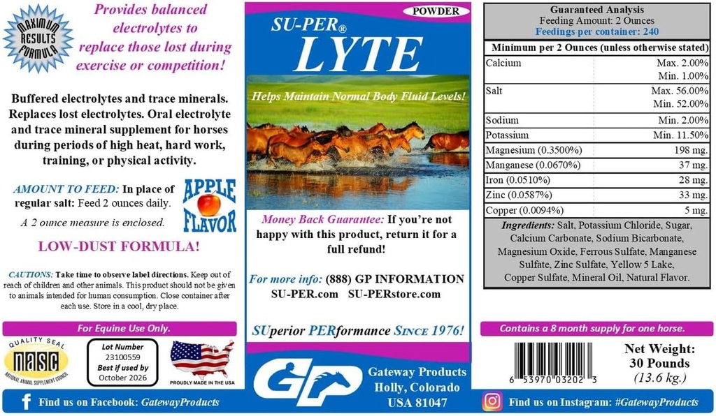 SU-PER Lyte Horse Electrolyte Supplement - Βοηθά στη διατήρηση φυσιολογικών επιπέδων υγρού σώματος - Performance Horse Minerals & Electrolytes Replacement - 30 Λίρες, 8 Μήνες Προσφορά