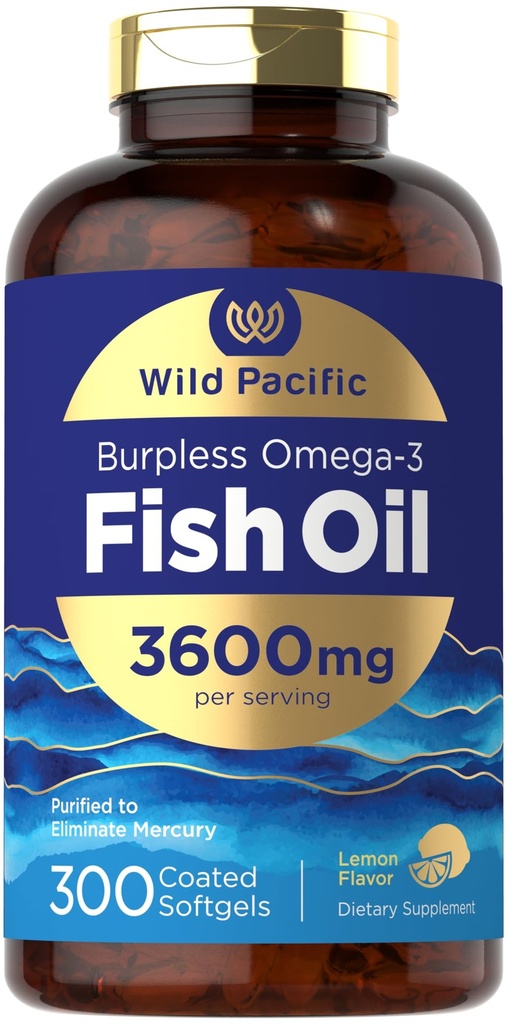 Carlyle Burpless Fish Oil 3600 mg | 300 Softgels | Omega-3 Fatty Acids | Lemon Flavor | Non-GMO, Gluten Free Supplement | Tarafından Wild Pacific Pacific