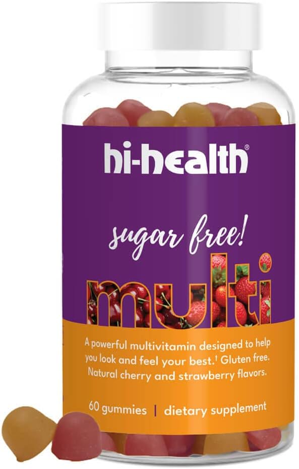 Hi-Health Ζάχαρη Χωρίς Gummy Πολυβιταμίνη, Μία φορά την ημέρα, Κετογόνο Βιταμίνη, Βιταμίνη C, Βιταμίνη D, Φυτική βάση, Χωρίς γλουτένη, Φυσικό Νοστιμότατο Κεράσι & Γεύσεις Φράουλας (60 Gummies)