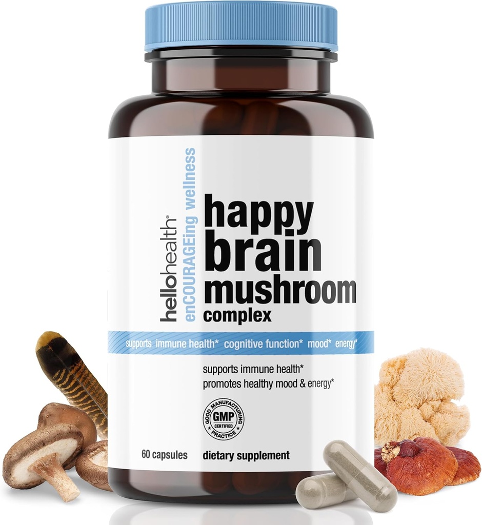 Mutlu Beyin Mushroom Kompleksi Nootropics Brain Support Supplement, 10 Mushroom Supplement: Lions Mane, Türkiye Tail, Red Reishi, Shiitake Mushrooms for Improv Clarity, Energy, Immune Support 60ct. 4pk