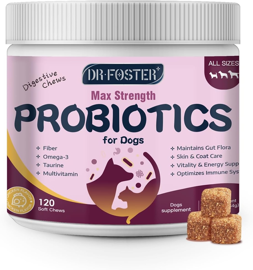 Probiotics for Dogs - Προβιοτικά σκύλου για Digestive Υγεία, Prebiotic, Digestive Ένζυμα για σκύλους με κολοκύθα, Omega-3, Gut υποστήριξης, ανοσοποιητικό, Διάρροια, 120 μαλακά μάσημα