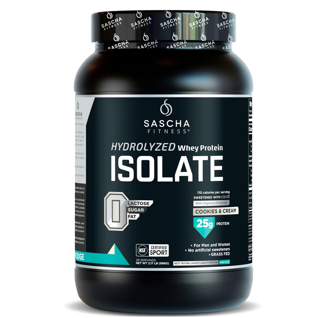 SASCHA FITNESS Hydrolyzed Whey proteini Isolate,% 100 Grass-Fed (2 Pounds, Cookies & Cream)
