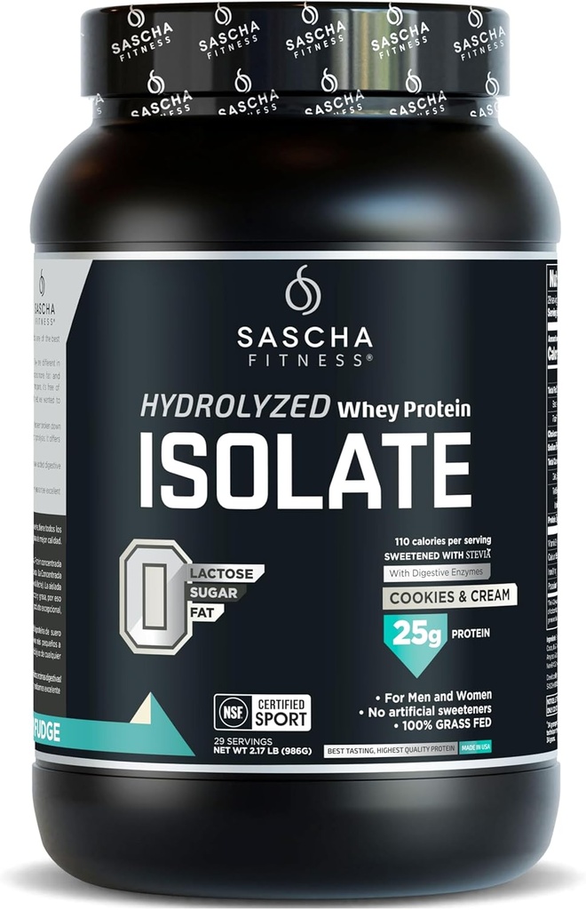 SASCHA FITNESS Hydrolyzed Whey proteini Isolate,% 100 Grass-Fed (2 Pounds, Cookies & Cream)