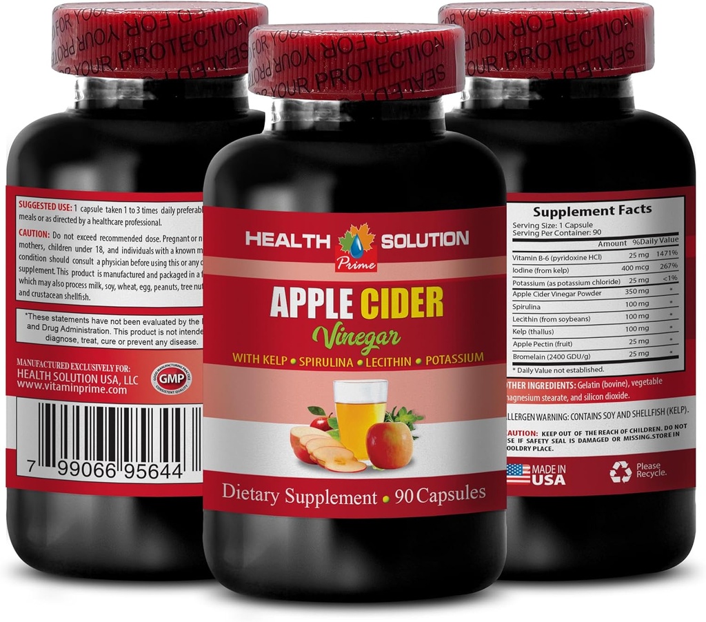 Προϊόντα μαλλιών μηλίτη μηλίτη - Apple Cider Vinegar Advanced Complex with kelp, spirulina, Λεκιθίνη - Λεκιθίνη Kelp b6, Klamath Blue Green Algae, Digetion Supplement - 1 φιάλη 90 Caps