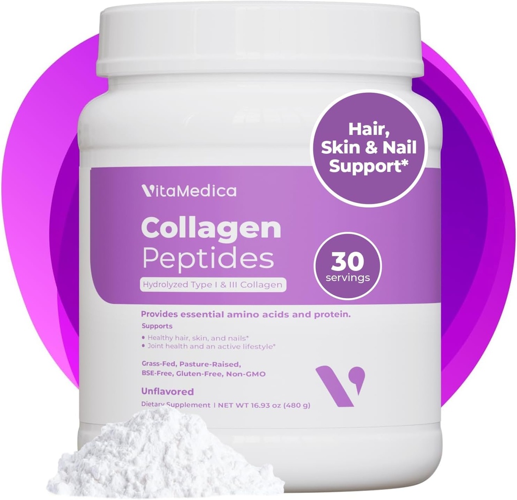 VitaMedica Collagen Vita Toz for Women & Men - Sağlıklı Saç, Skin, Nails, Bones and Commons - Hydrolyzed Tip I & III, Grass-Fed, Pasture-Raized protein, Zero Sugar - 30 Servisler