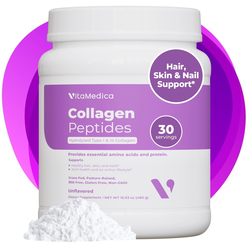 VitaMedica Collagen Vita Toz for Women & Men - Sağlıklı Saç, Skin, Nails, Bones and Commons - Hydrolyzed Tip I & III, Grass-Fed, Pasture-Raized protein, Zero Sugar - 30 Servisler