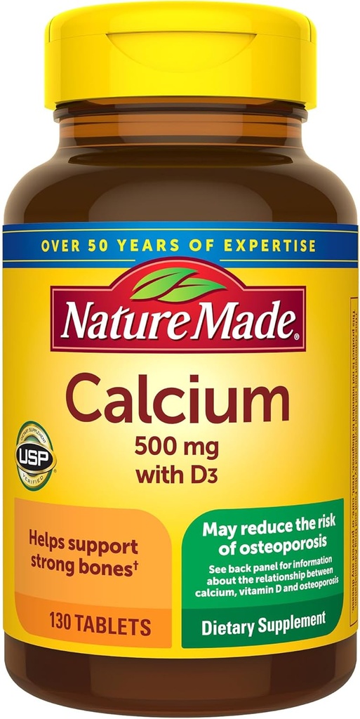 Nature Made Calcium 500 mg με βιταμίνη D3, Συμπλήρωμα διατροφής για την υποστήριξη των οστών, 130 δισκία