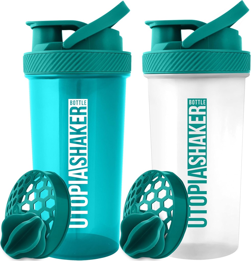 Utopia Home Protein Shaker Bottle - (Pack of 2) 28-Ounce Shaker bottles For Protein Mixes - Fitness Sports Classic Protein Mixer Shaker Bottle (Teal & Clear/Teal)