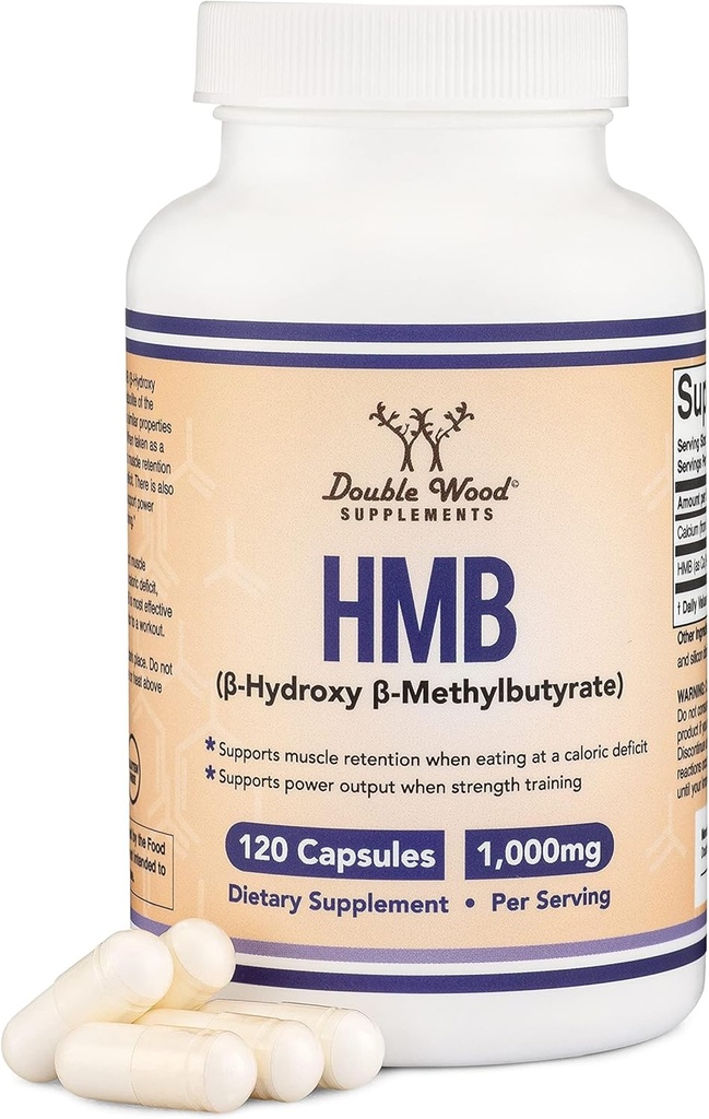 Double Wood Supplements HMB Supplement, Third Party Tested, Non-GMO, Gluten Free, 120 Capsules, 1000 mg per Service, 500 mg per Capsule