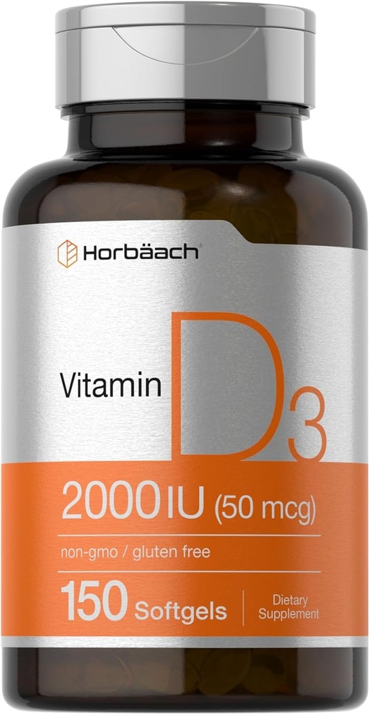 Horbaach Vitamin D3 2000IU Softgels | 150 Kont | 5006 Cholecalciferol | Non-GMO & Gluten Free Supplement Supplement Supplement Supplement