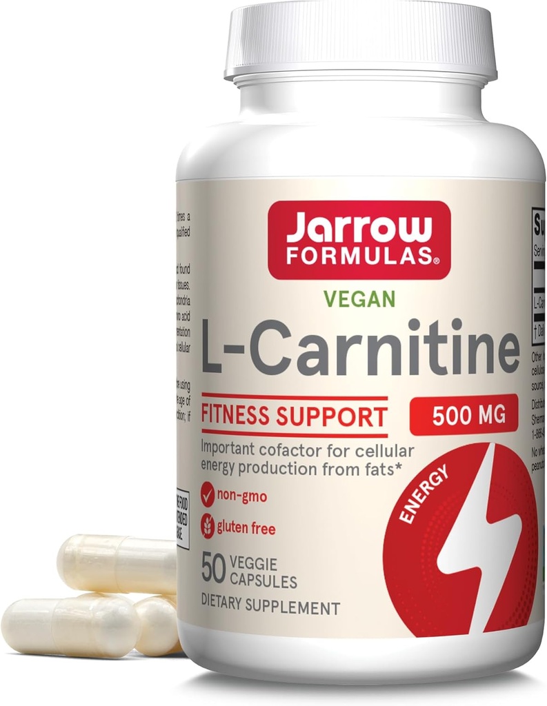 Jarrow Formulas® L-Carnitine 500 mg, Diyetsel Tamam, Hücre Enerji Üretimi Desteği, 50 Veggie Capsules, 50 Day Supply Supply
