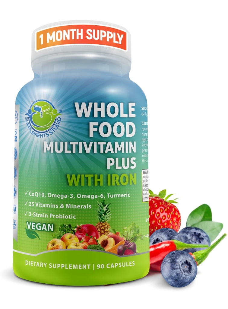 Vegan Whole Food Daily Multivitamin with Iron, methylated Multivitamin for Women and Men, Made with Fruits & Fruits, B-Complex, Probiotics, Enzymes, CoQ10, Omegas, Turmeric, Non-GMO, 90 Count