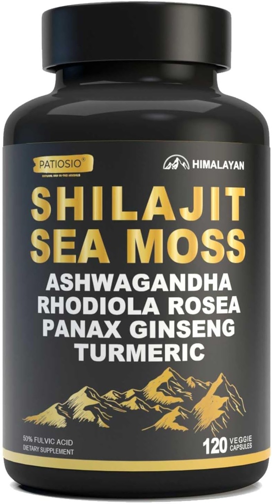 Shilajit Κάψουλες για άνδρες - 50% Fulvic Acid, 85+ Trace Minerals Pure Himalayan, Shilajit Resin Extract with Sea Moss, Ashwagandha- for Energy, Stamina -120 Κάψουλες