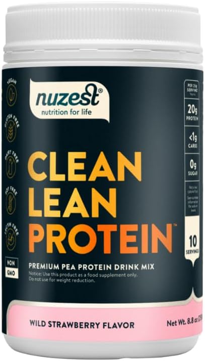 Nuzest - Vegan Pea Protein Toz - Temiz Lean protein, Premium Plant Temel Protein Toz, Süt Ücretsiz, Gluten Free, GMO Free, Protein Shake, Wild Strawberry, 10 Hizmet, 8.8 oz