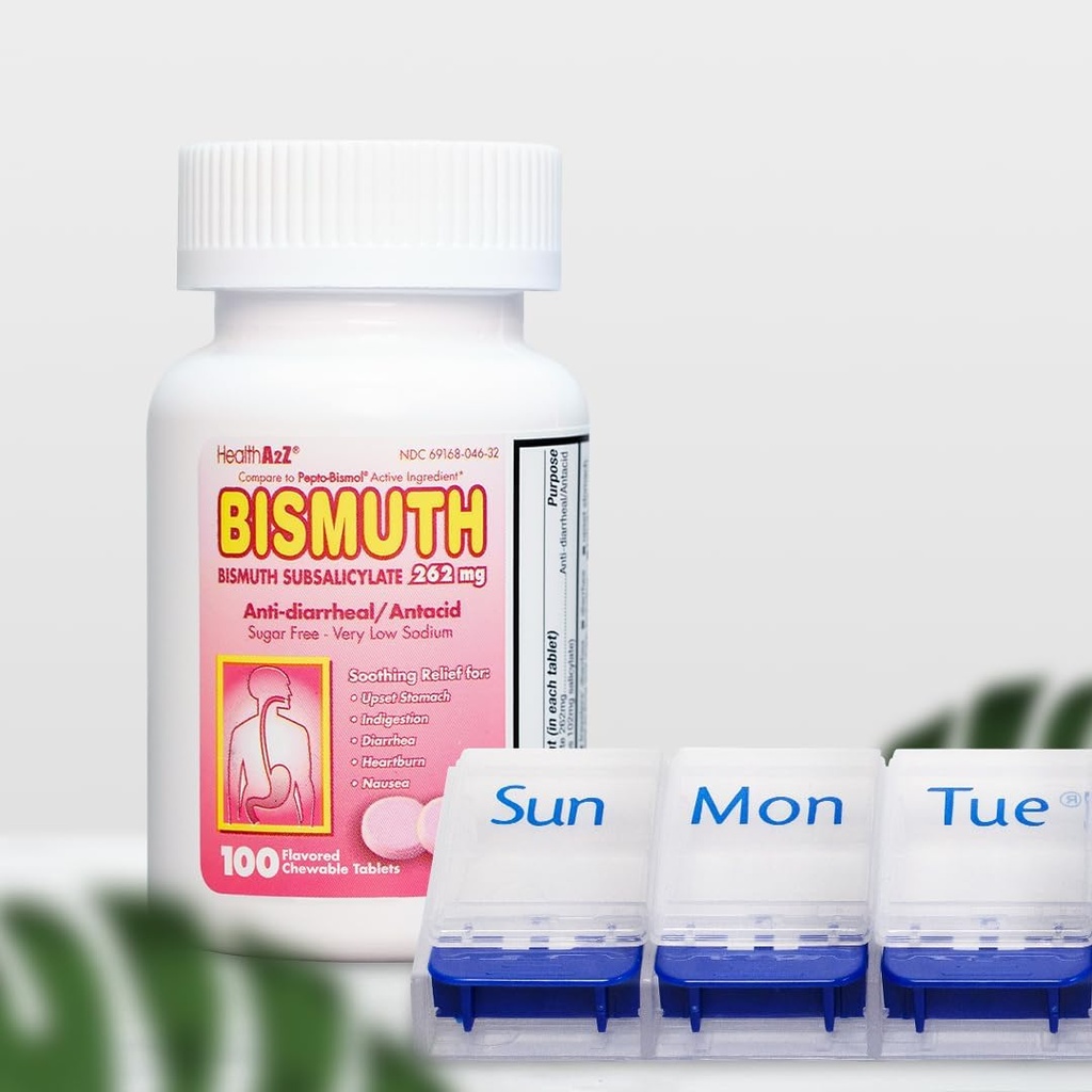 Bismuth Subsalicylate 262 mg, 100 Chewable Tablet & 7 Gün XL Pills Organizer