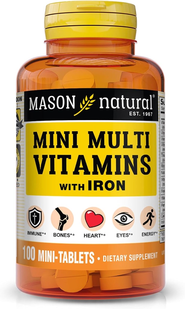 MASON NATURAL Günlük Mini Çok Vitaminler Demir, Vitaminler A, C, D, E, B1, B2, B3, B6, B12, Folate & Food, 100 Day Supply (1 Pack)
