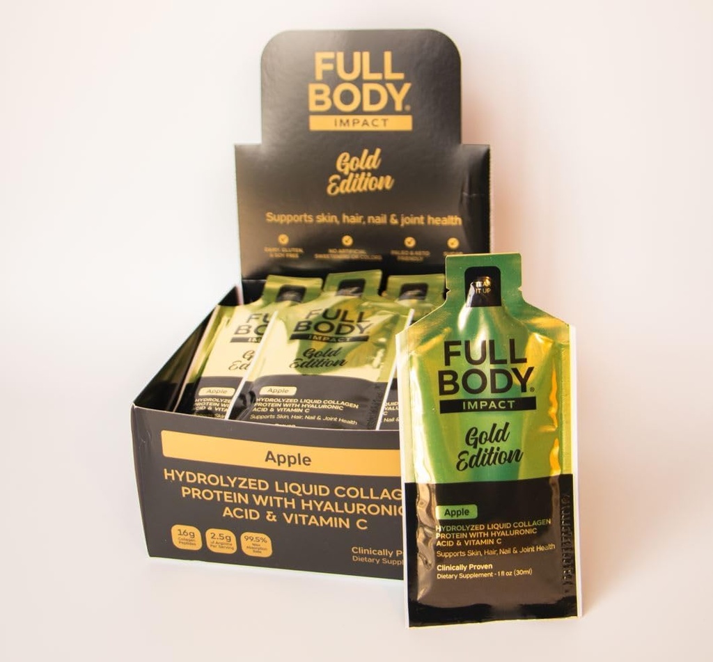 Sıvı Collagen protein w/Hyaluronic Acid & Vitamin C - Gold Edition (Apple), 16.000 mg (16g) Hydrolyzed Collagen Hydro Supplement - 1oz Packets (24.Box)