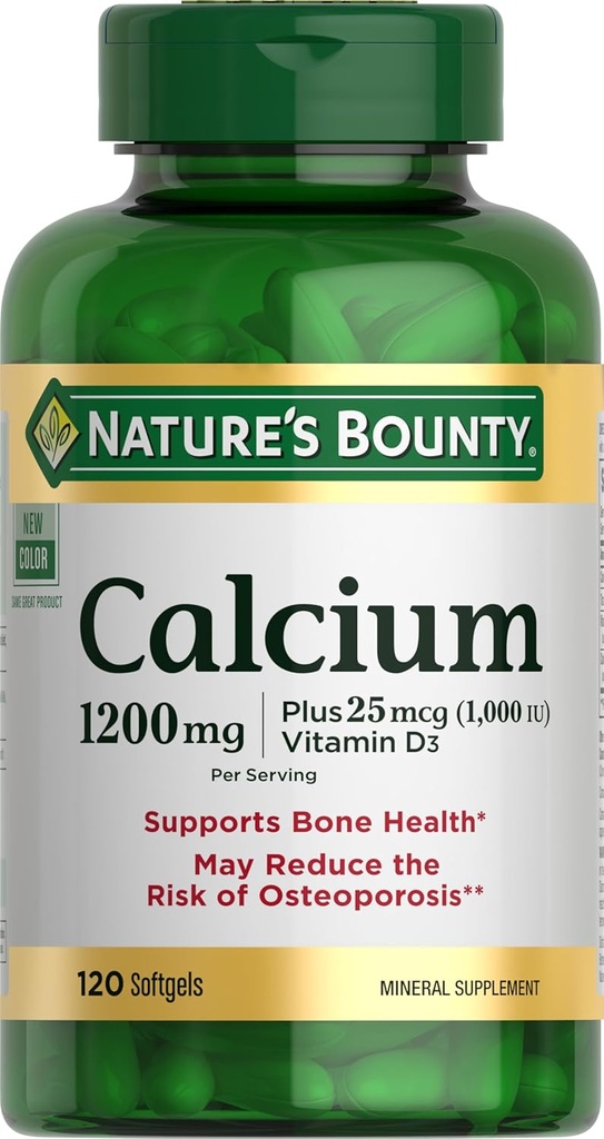 Nature's Bounty Calcium 1200 mg με 1000 IU βιταμίνης D3 - Συμπληρώματα για την υγεία των οστών, του ασβεστίου και της βιταμίνης D, χωρίς γλουτένη, 2 Softgels ανά ημέρα, 120 ct (πακ των 1)