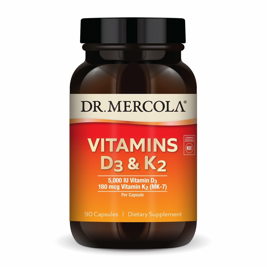 Dr. Mercola Vitamins D3 & K2 Συμπλήρωμα διατροφής, 90 σέρβις (90 κάψουλες), Υποστηρίζει την υγεία της καρδιάς, ανοσοποιητική υποστήριξη, μη GMO, χωρίς σόγια, χωρίς γλουτένη