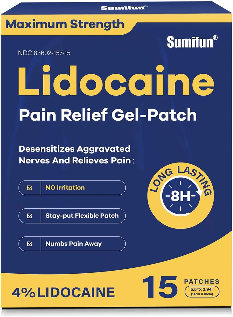Sumifun 4% Lidocaine Pain Relief Patches 15 Counts Maximum Strength Numbing Gel Patch for Back Knee Neck Joint Ache Muscle Soreness Topical Analgesic