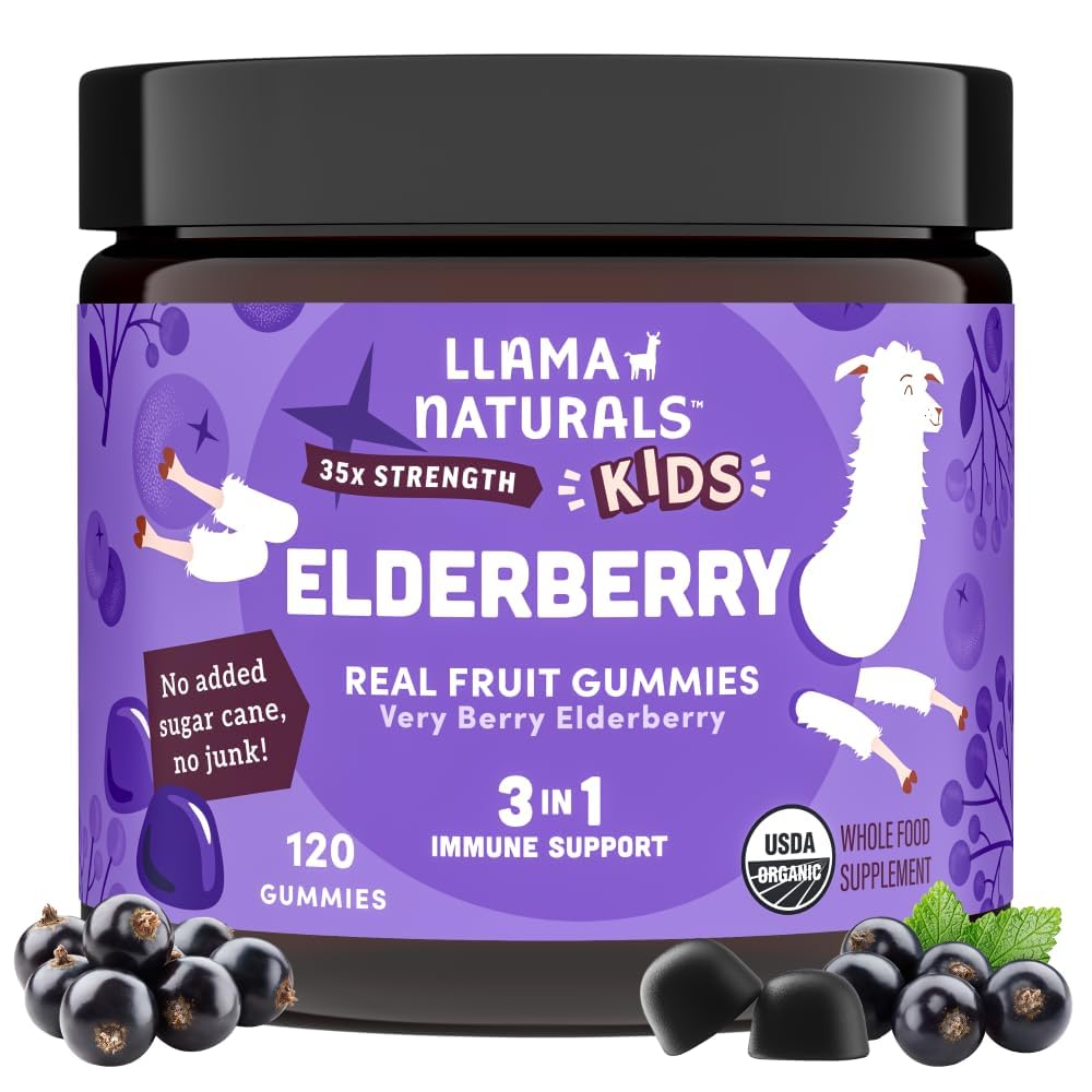 Llama Naturals Elderberry Gummies for Kids, Vegan, Organik Immune Support Supplement with Vitamin C and çinko, Toddler Real Fruit Gummy Vitamins for Immunity, Chewable, No Ek Olmayan Şeker Cane, 120 Ct