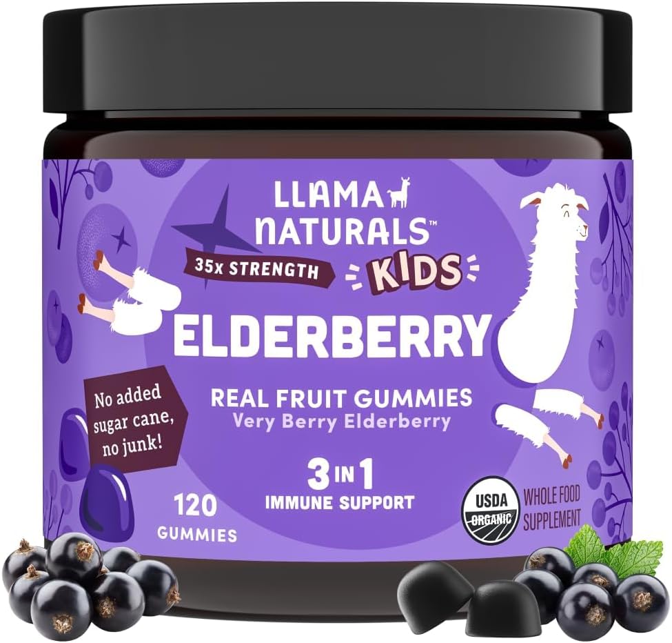 Llama Naturals Gummies Elderberry για τα παιδιά, Vegan, συμπλήρωμα οργανικής ανοσοποιητικής υποστήριξης με βιταμίνη C και ψευδάργυρο, Τοντλερ Real Fruit Gummy Βιταμίνες για Ανοσία, Μασώμενα, Όχι Προστιθέμενο ζαχαροκάλαμο, 120 Ct