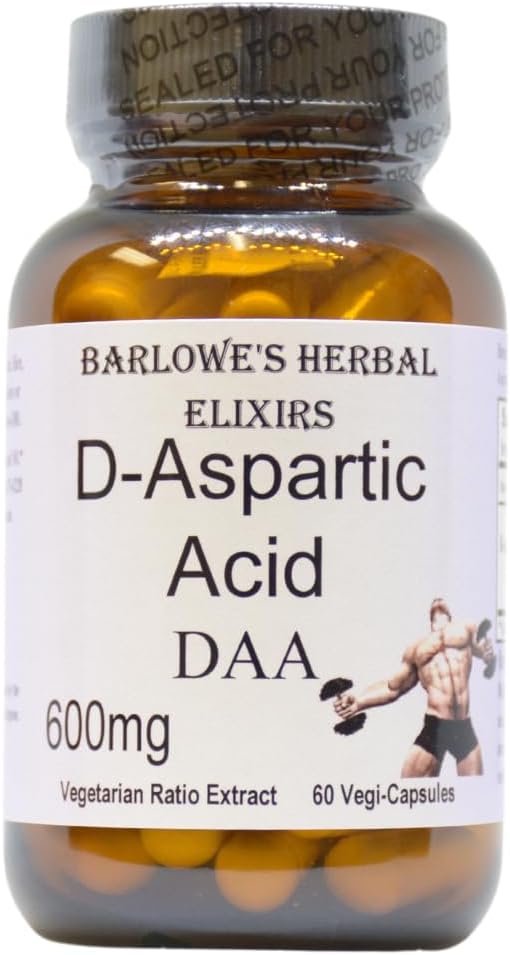 Barlowe's Herbal Elixirs D-Aspartic Acid Supplement | DAA | 600 mg Per Capsule | 60 Veggie Capsules | Athletic Performance | Stearate Free | Glass Şişe Şişe