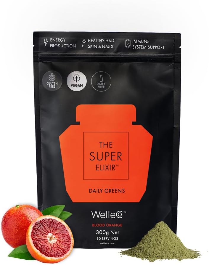 WelleCo The Super Elixir, Daily Greens Toz with Probiyotiks, Superfoods & Whole Foods, Blood Orange Drink Mix for Gut Health, Immunity, Energy, Skin & Hair, 10.5oz Jar