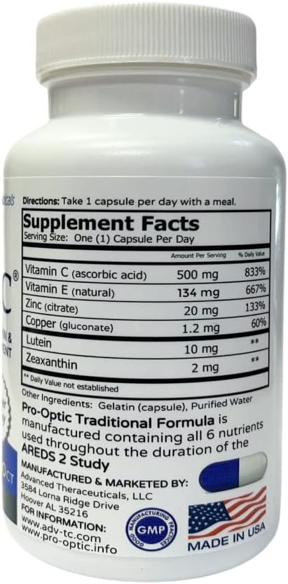 Pro-Optic Geleneksel Formula Eye Supplement - AREDS 2 Temel Vizyon 50 + - 30 Capsules, 1-Month Supply - Lutein 10 mg, Zeaxanthin 2 mg