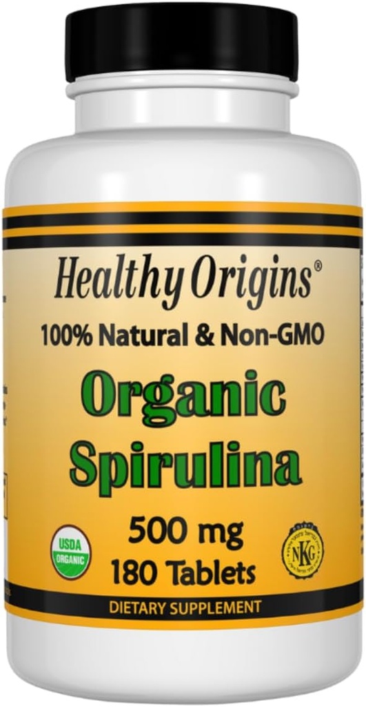 Sağlıklı Origins Spirulina, 500 mg (Organic) - Organik Spirulina Tablet A & Vitamin B12 - Kosher sertifikalı - Vegan, Non-GMO ve Gluten-Free Spirulina Pill - 180 Tablet