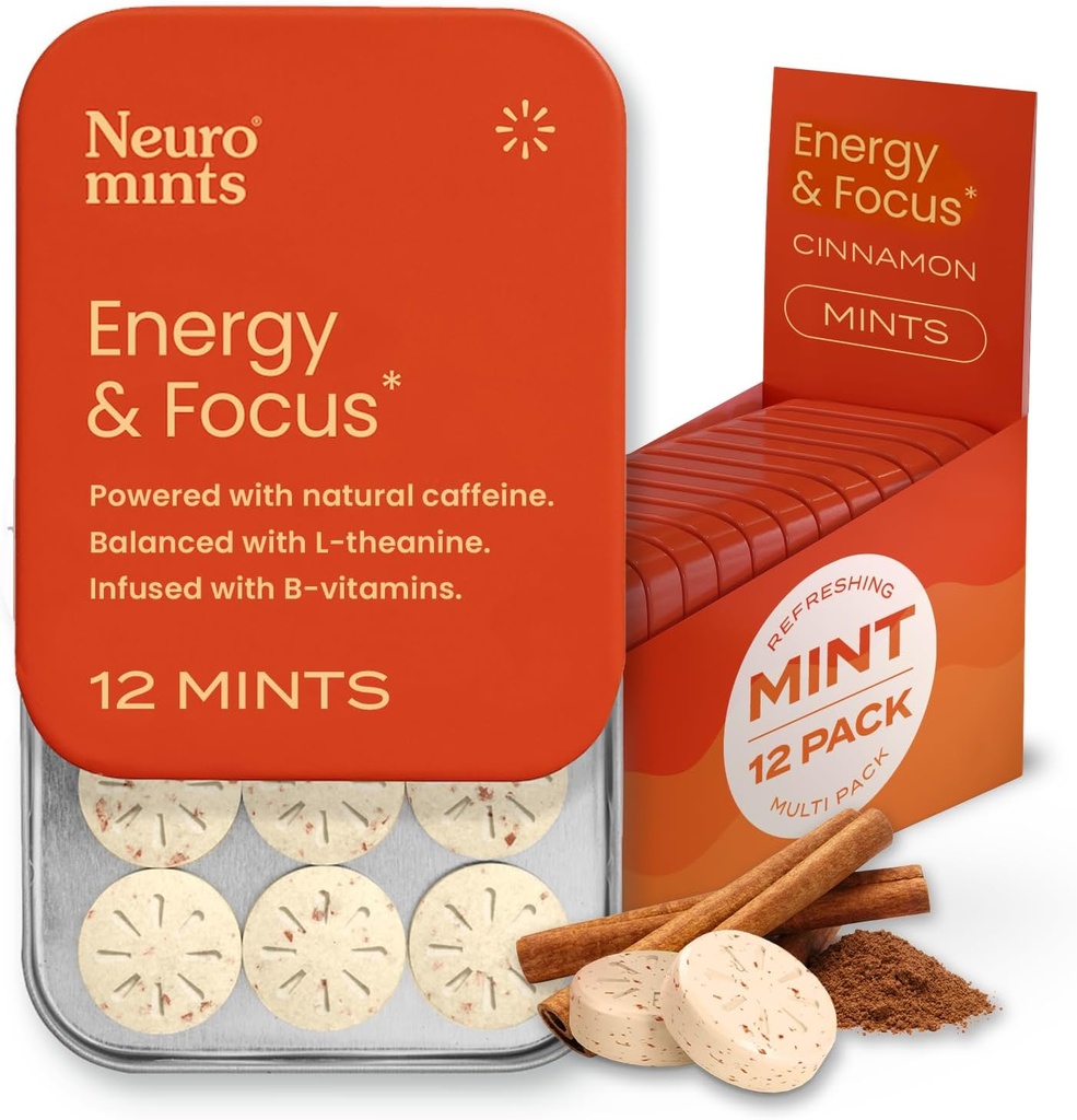 NöroGum Enerji Caffeine Mints (144 Adet) - Şeker L-theanine + Natural Caffeine + Vitamin B12 & B6 - Nootropic Energy & Focus Supplement for Women & Men - Keto & Vegan, Cinnamon Flavoric