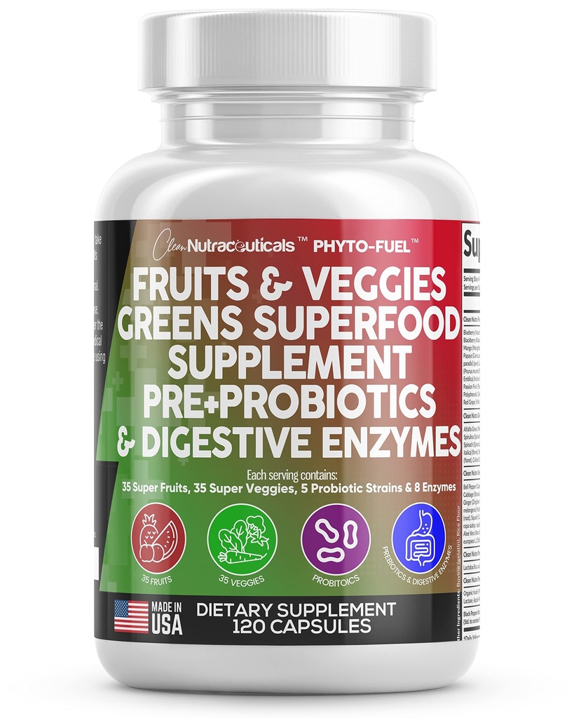 Temiz Nutraceuticals Fruits and Veggies Supplement Reds & Green Superfood - Probiyotiks Prebiyotiks Digestive Enzymes - 120 Ct USA