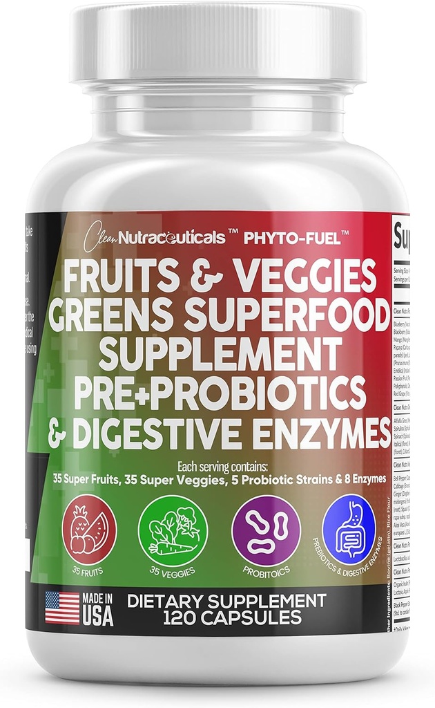 Temiz Nutraceuticals Fruits and Veggies Supplement Reds & Green Superfood - Probiyotiks Prebiyotiks Digestive Enzymes - 120 Ct USA