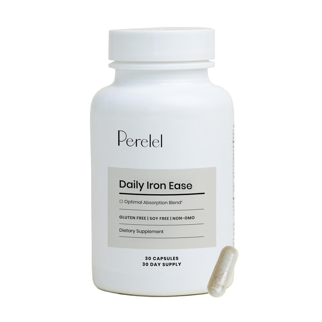 Perelel Daily Iron Ease, 15MG Iron Supplements with Magnezyum, C, & Vitamin B12 for Nutrient & Energy Support, Capsules for Women and Men, Soy, Dairy & Gluten Free, Non GMO, 30 Pills