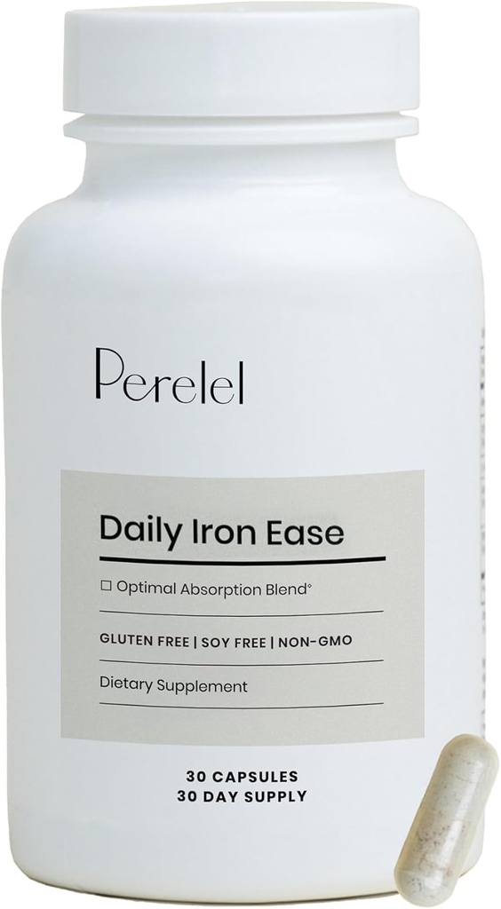 Perelel Daily Iron Ease, 15MG Iron Supplements with Magnezyum, C, & Vitamin B12 for Nutrient & Energy Support, Capsules for Women and Men, Soy, Dairy & Gluten Free, Non GMO, 30 Pills