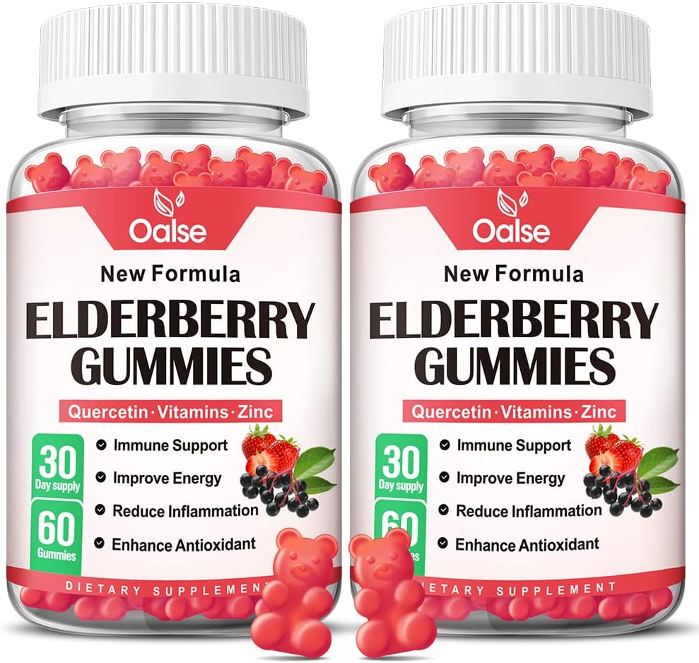 Çocuklar ve Yetişkinler için Organik Yaşlılar Gummies - Sambucus Black Elderberry Gummies + çinko ve C & D3 Destek Immune Savunma Kas Güçlü Diş Sağlığı [60 Kontra 2)