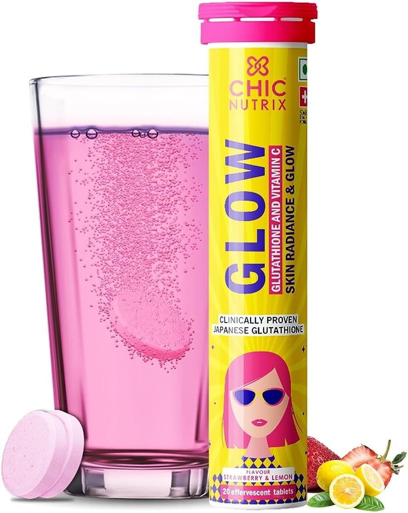 Glow | Japon Glutathione 500 mg and Vitamin C for Skin Care | Glowing & Hairt Skin - 20 Effervescent Tabletler | Strawberry-Lemon Flavour
