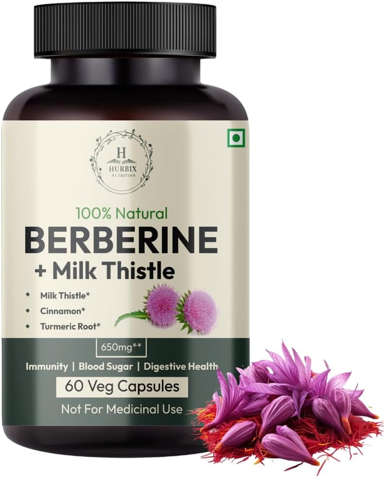 Hurbix Berberine - 1300 mg | 5 in 1 Enhanced Formula with Milk Thistle, Turmeric & Cinnamon | Premium High-Potency Formula | 60 Capsules
