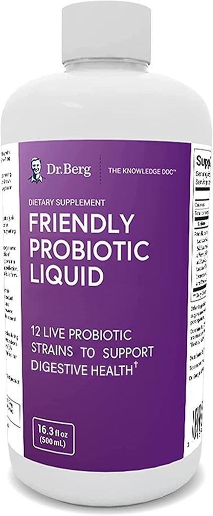 Dr. Berg's Friendly Probiyotik Liquid Supplement Drink Mix w/ 12 Live Probiyotiks Strains & Lactobacillus Acidofilius - Digestive Health, Immune System & Gut Support for Men Women & Kids -1 ay Supply
