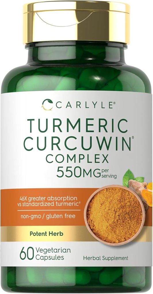 Carlyle Turmeric Supplement 550 mg | 60 Capsules | CurcuWin Extract Kompleks | Vegetarian, Non-GMO, Gluten Free 550 mg | 60 Capsules | CurcuWin Extract Complex | Vegetarian, Non-GMO, Gluten Free