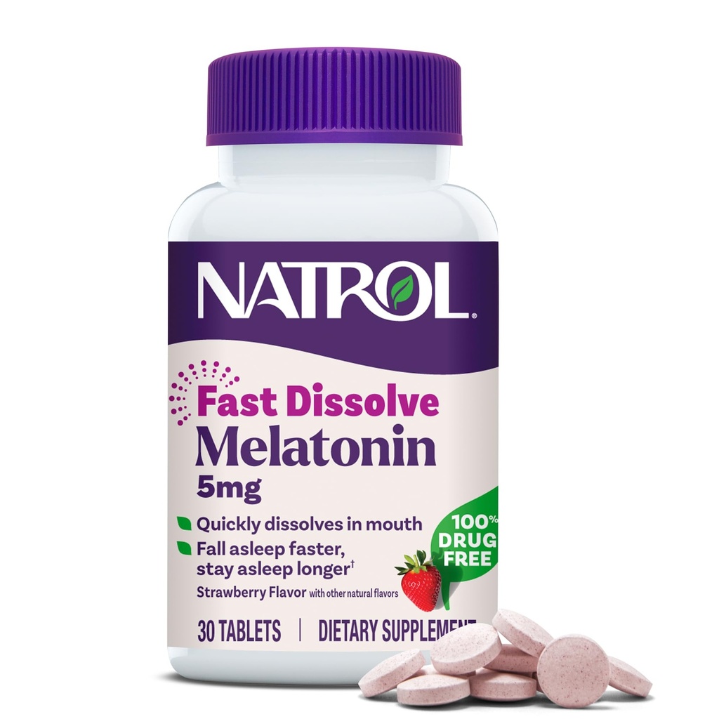 Natrol Fast Dissolve Melatonin 5 mg, Melatonin Supplements for Restful Sleep, Sleep Support for Yetişkinler, 30 Strawberry-Flavored Tabletler, 30 Günlük Supply