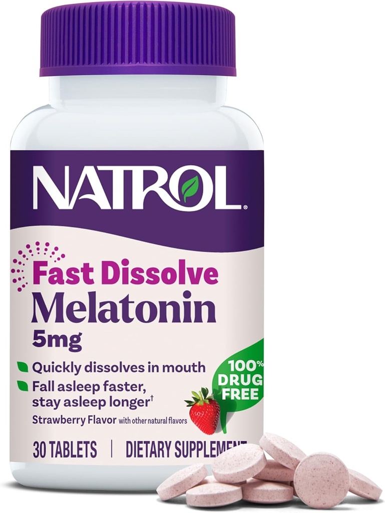 Natrol Fast Dissolve Melatonin 5 mg, Melatonin Supplements for Restful Sleep, Sleep Support for Yetişkinler, 30 Strawberry-Flavored Tabletler, 30 Günlük Supply
