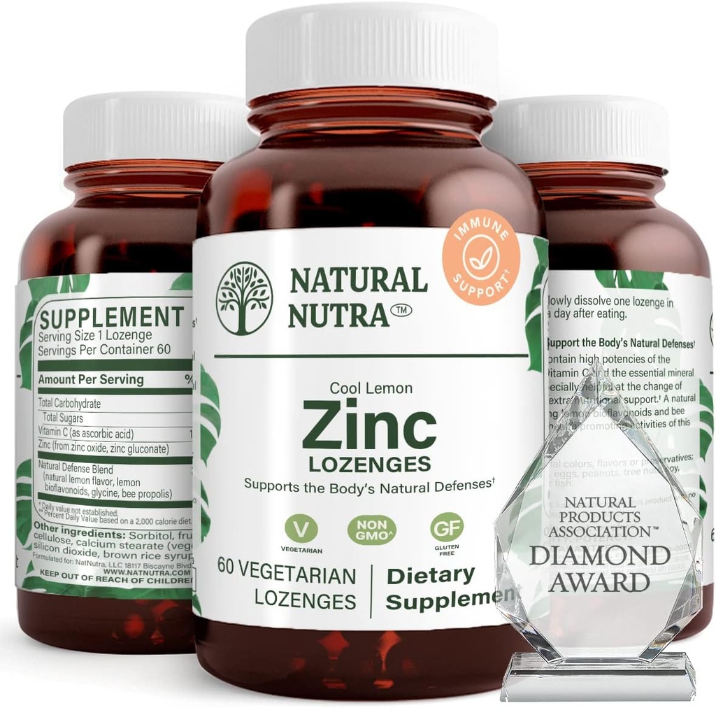 Φυσικός ψευδάργυρος Nutra Lozenges με βιταμίνη C, άρωμα λεμόνι, υποστήριξη ανοσοποιητικό, νευρικό σύστημα & δύναμη των οστών, Ενισχυμένος με Bioflavonoids και Bee Propolis, Υπογλώσσιο γλυκονικό ψευδάργυρο, 60 χορτοφάγους