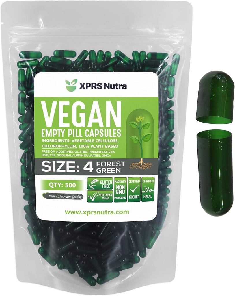 XPRS Nutra Μέγεθος 4 άδεια κάψουλες - 500 κόμης μικρές κενές κάψουλες Vegan - DIY φυτική κάψουλα πλήρωσης - πληρωτέα Do-It-Yourself Veggie Καπάκια χάπια για συμπληρώματα (Forest Green)